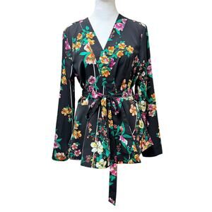 Tracina Sodi Floral Wrap Peplum Blouse Black Long Sleeve Tie Waist Top Size S